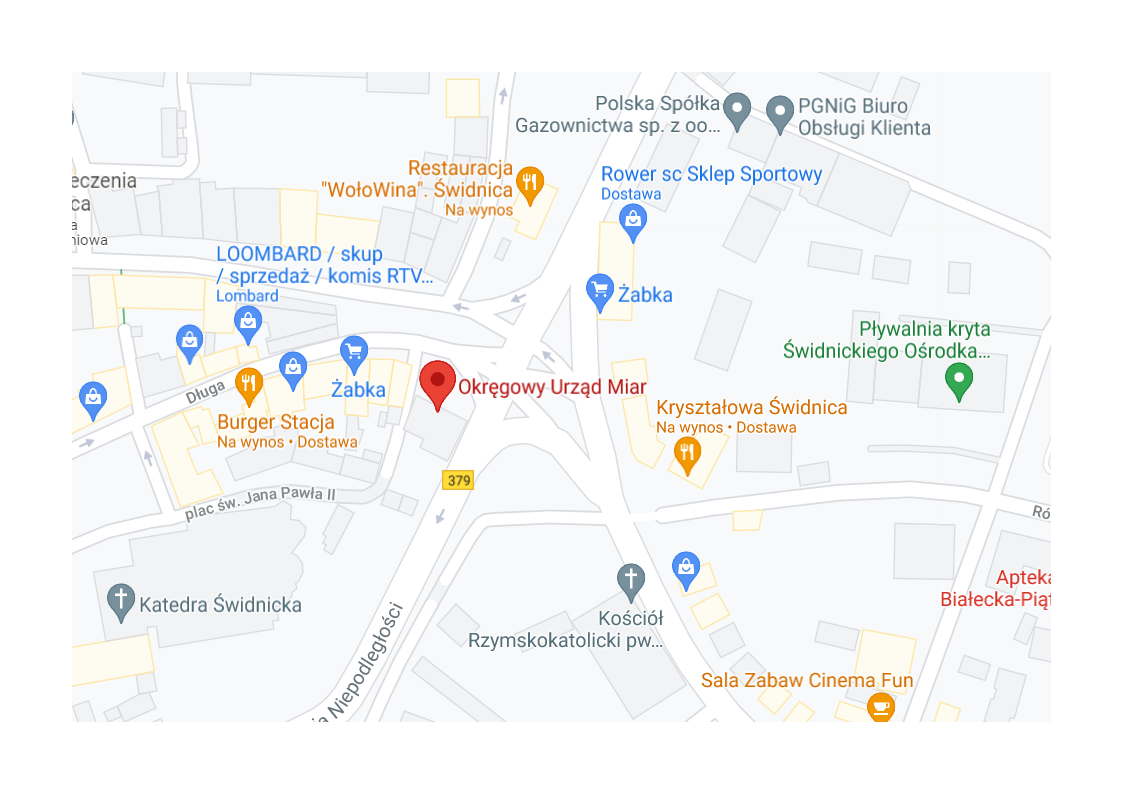 Wycinek planu miasta Świdnicy z zaznaczonym miejscem lokalizacji urzędu